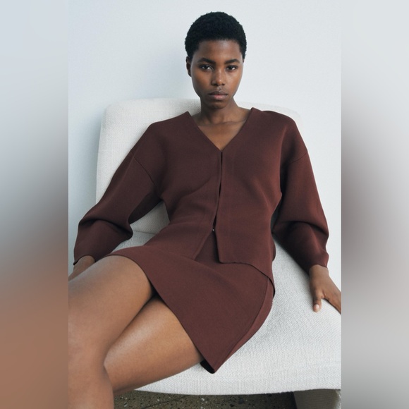 ZARA Khaite Inspired Brown 2-Piece Cardigan Sweater & Skirt Outfit Set - Picture 1 of 16